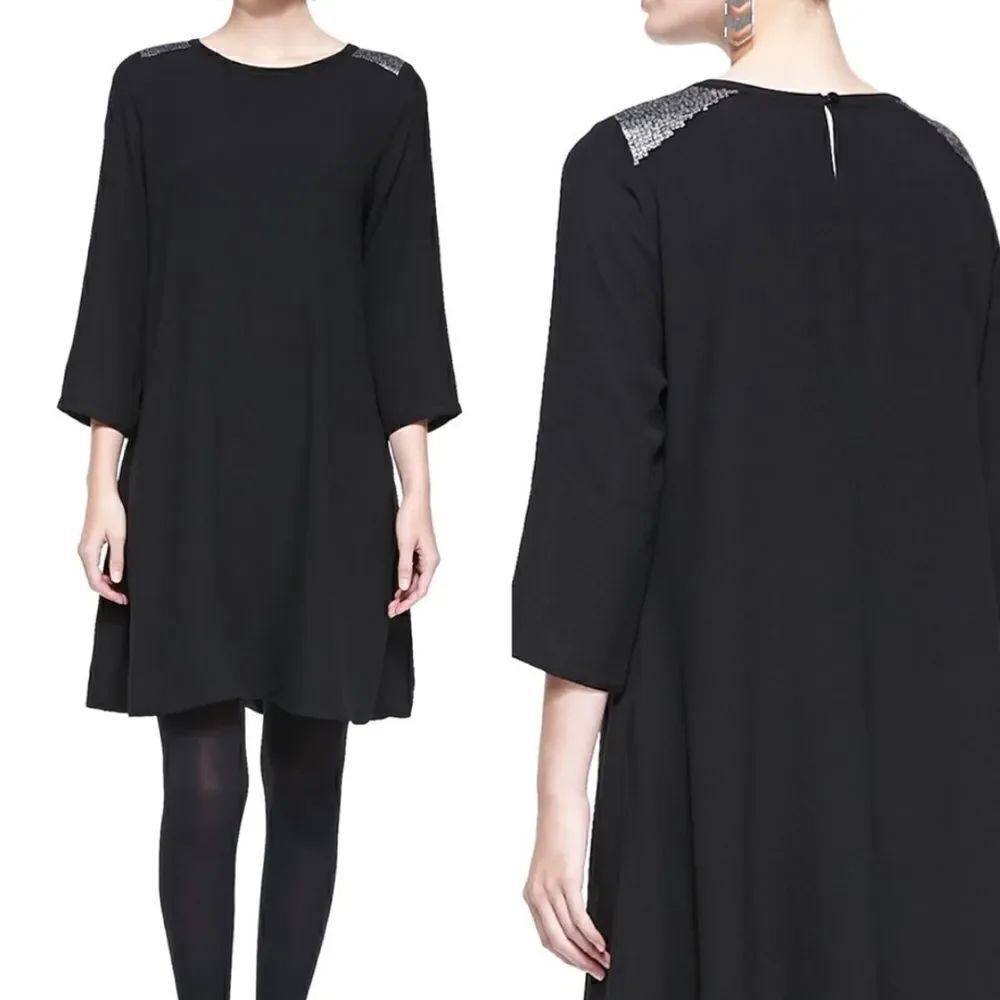 Eileen Fisher Black Silk Swing Cocktail Dress Sequin Shoulder Pockets L